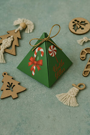 Şeker Kamışı Yeşil 10'lu Piramit Kutu - Hediye Kutusu - Ağaç Süsü - Yılbaşı Kutusu - Yılbaşı Hediye