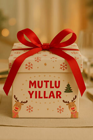 Yılbaşı Hediye Kutusu - Geyikli Beyaz Mutlu Yıllar - Yılbaşı Hediye - Kurdeleli Yılbaşı Süsü 1 Adet