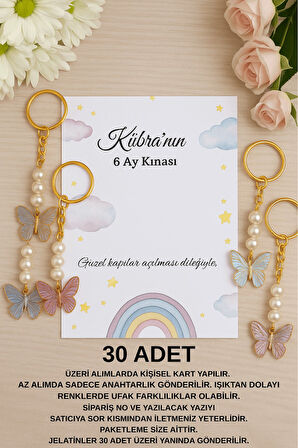 Bulut & Gökkuşağı Kartlı Renkli Kelebek Anahtarlık - 10 Adet - Mevlid, Kına Hediye Hoşgeldin Bebek