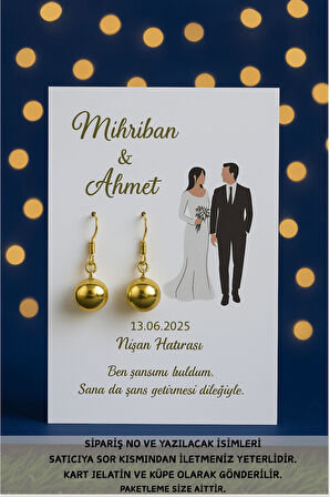 Gold Küpe 40 Adet  | Gelin Damat Kartlı - Nikah Hediyesi - Kına Hediyesi - Nişan Hediyesi