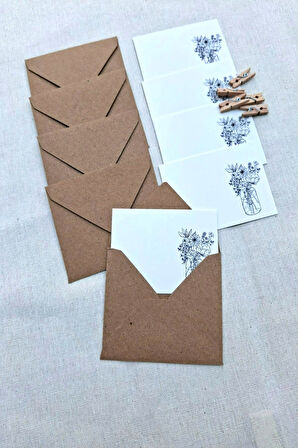 15 Adet Kraft Zarf ve Mandallı  Vazo Çiçek Kart - Hediye Paketleme Kartı   - Not Kartı 1.Hamur