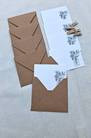15 Adet Kraft Zarf ve Mandallı  Vazo Çiçek Kart - Hediye Paketleme Kartı   - Not Kartı 1.Hamur