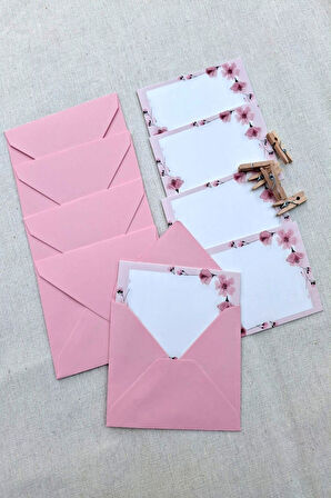 15 Adet Pembe Zarf ve Mandallı Pembe Çiçekli Kart - Hediye Paketleme Kartı   - Not Kartı 1.Hamur
