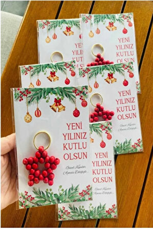 Kırmızı 5 Adet Yılbaşı Hediyesi Anahtarlık - Yeni Yıl Ahşap Yıldız Anahtarlık 5 Adet
