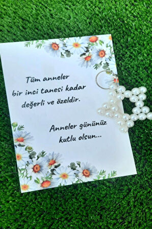 10 Adet Anneler Günü İnci Yıldız Anahtarlık - Papatya Kuşe Kartlı Jelatinli- Anneler Günü Hediyesi