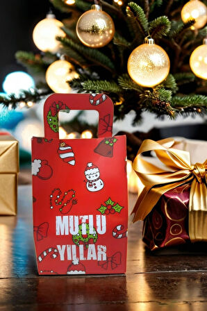 5 Adet Kırmızı Mutlu Yıllar Hediye Karton Çanta - Yılbaşı Hediyesi - Hediye Kutusu 10x15 cm