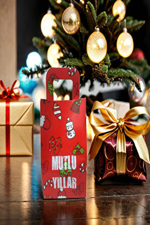 5 Adet Kırmızı Mutlu Yıllar Hediye Karton Çanta - Yılbaşı Hediyesi - Hediye Kutusu 10x15 cm