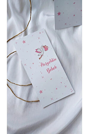 50 Adet Pembe Leylek Makrome Kartı - İstediğiniz Yazı Yazılır - 9x19cm