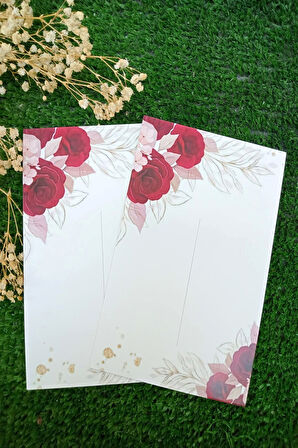 Özel Kesimli | 25 Adet Toka Kartı - Kalın Kuşe (5992) Bandana Kartı - 9x14cm -  Kırmıız Güllü