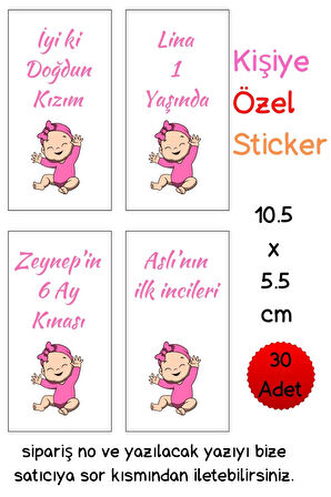 10.5 x 5.5 cm | 30 Adet Kişiye Özel Sticker - Kız Çocuk Mevlid Sticker - Doğum Günü Sticker