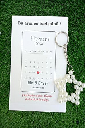 20 Adet Takvim Konsept Kuşe Kartlı İnci Yıldız Anahtarlık - Nikah Hediye -Kına Hediye - Kişiye Özel
