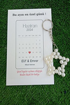 20 Adet Takvim Konsept Kuşe Kartlı İnci Yıldız Anahtarlık - Nikah Hediye -Kına Hediye - Kişiye Özel