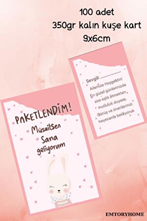 100 Adet Pembe Tavşanlı Çift Yönlü Teşekkür Kartı - Paketleme Kartı - Hediye Kartı - 