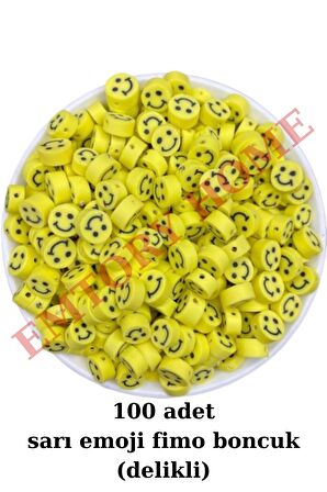 100 Adet Sarı Emoji Boncuk - Fimo 10MM - Smile Bead - Bileklik Boncuğu - Şans Bilekliği Aksesuar