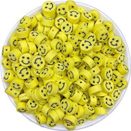 100 Adet Sarı Emoji Boncuk - Fimo 10MM - Smile Bead - Bileklik Boncuğu - Şans Bilekliği Aksesuar