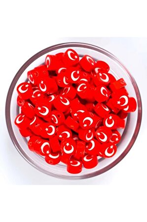 100 Adet Fimo Türk Bayrağı Boncuk - 1. Kalite - Ay Yıldız Boncuk - 23 Nisan