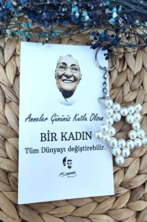 15 Adet Kadınlar Günü Hediye | Zübeyde Hanım Kartlı İnci Yıldız Anahtarlık - Kadınlar Günü Hediye 