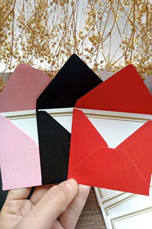 15 Adet Mini Hediye Paketleme Kart Seti -  3 Renk Zarf & Beyaz Altın Çerçeveli Not Kartı -  9x7cm