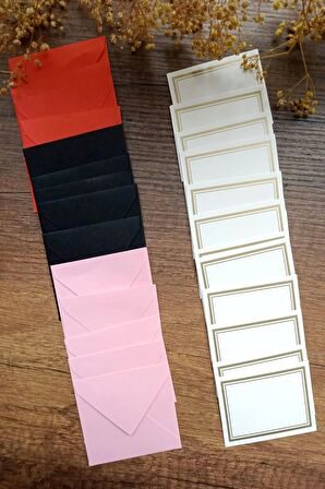 15 Adet Mini Hediye Paketleme Kart Seti -  3 Renk Zarf & Beyaz Altın Çerçeveli Not Kartı -  9x7cm