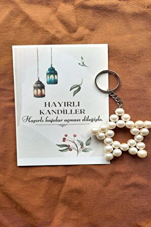 10 Adet Kandil Hediyesi - İnci Anahtarlık - Ramazan Hediyesi - Kartlı ve Tek Tek Jelatinli