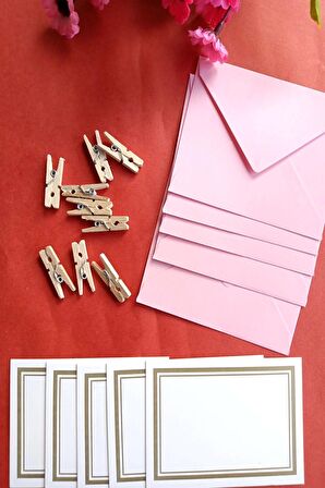 Pembe 5 Adet Mandallı Zarflı Not Kartı Seti- Hediye Kartı - Tebrik Kartı (9x7 - 8,5x6)