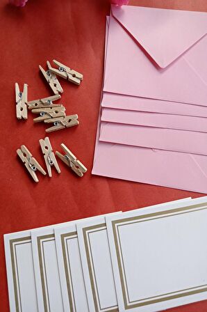 Pembe 20 Adet Mandallı Zarflı Not Kartı Seti- Hediye Kartı - Tebrik Kartı (9x7 - 8,5x6)