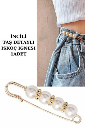 İncili Gold Taşlı İskoç İğnesi - Kadın Kıyafet Aksesuarı - İnci Broş - Bel Tokası - Yaka Aksesuar