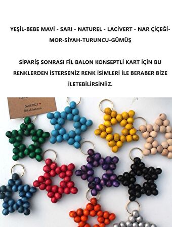 30 Adet Mor Fil & Balon Konsept Zincirli Ahşap Yıldız Anahtarlık Bebek Hediyeliği