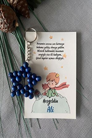 30 Adet Küçük Prens Temalı Kişiye Özel Kartlı - Zincirli Ahşap Yıldız Anahtarlık - Bebek Hediyelik 