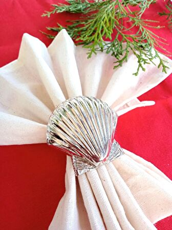 6 Adet Gümüş Deniz Kabuğu Metal Peçete Halkası  - Napkin Ring