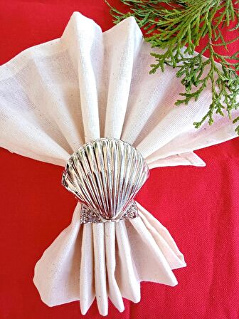 6 Adet Gümüş Deniz Kabuğu Metal Peçete Halkası  - Napkin Ring