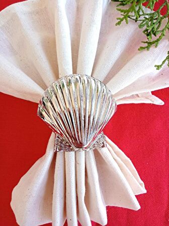 6 Adet Gümüş Deniz Kabuğu Metal Peçete Halkası  - Napkin Ring