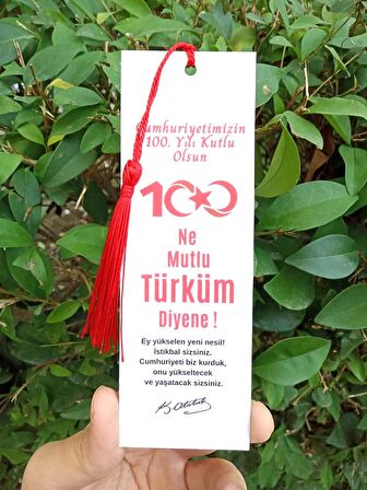 20 Adet 100.Yıl Logolu Temalı Püsküllü Kitap Ayracı-  Okul Hediyesi - NE MUTLU TÜRKÜM DİYENE