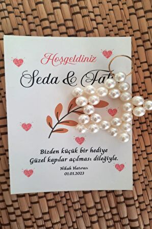 100 Adet Kişiye Özel Kuşe Kartlı İnci Yıldız Anahtarlık - Jelatinli - Kına Hediyelik - Nikah Hatıras