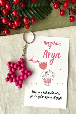 50 Adet Zincirli Ahşap Yıldız Anahtarlık Kız Bebek Hediyeliği Fil & Balon Kız Çocuk Konsept 