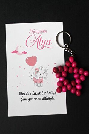 50 Adet Zincirli Ahşap Yıldız Anahtarlık Kız Bebek Hediyeliği Fil & Balon Kız Çocuk Konsept 