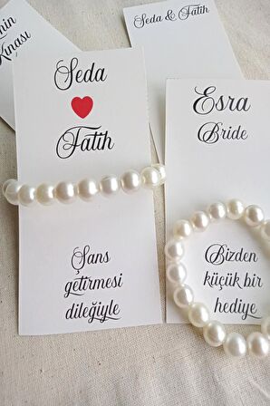 İnci Nedime Bileklik - 18 Adet Hediyelik Bileklik - Bride Hediye - Kına Hediye  - Kişiye Özel Kartlı