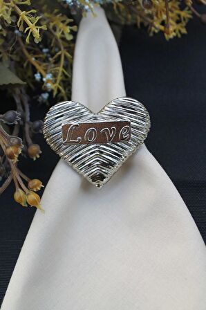 6 Adet Gümüş Love Kalp Metal Peçete Halkası - Napkin Ring