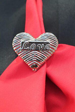 6 Adet Gümüş Love Kalp Metal Peçete Halkası - Napkin Ring