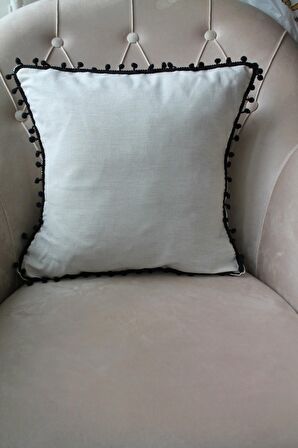 2 Adet Siyah Ponponlu Krem Kırlent Kılıfı 42x42cm