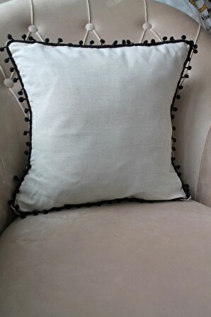 2 Adet Siyah Ponponlu Krem Kırlent Kılıfı 42x42cm