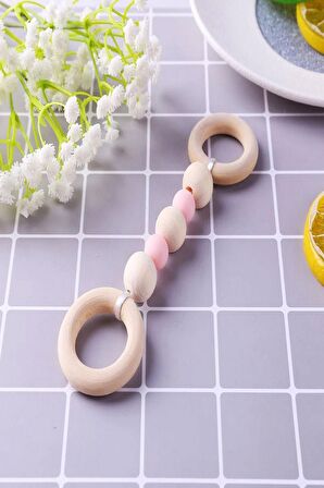 Doğal Ahşap Halkalı Baby Shower & Diş Kaşıyıcı Puset Oyuncağı (Pembeli)