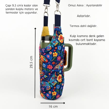 Woodycord El Yapımı Kelebek Çiçek Matara Kılıfı Termos Çantası Kulplu Model Quencher Pipetli 1,18