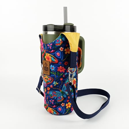 Woodycord El Yapımı Kelebek Çiçek Matara Kılıfı Termos Çantası Kulplu Model Quencher Pipetli 1,18