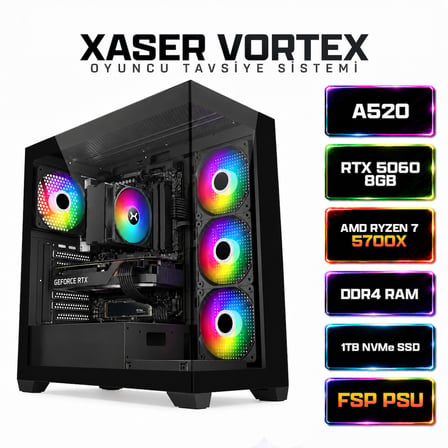 Xaser Vortex X10 Ryzen 7 5700X 16GB Ram 1TB M.2 NVMe SSD 8GB RTX5060 Masaüstü Oyuncu Bilgisayarı