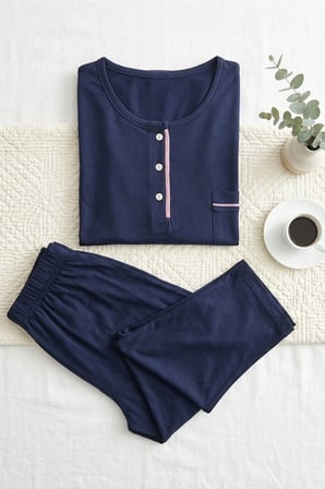 Kadın Pamuklu Uzun Kollu Üç Düğmeli Biyeli Soft Örme Pijama Takımı
