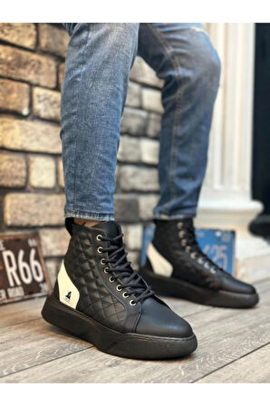 Erkek Yüksek Rahat Taban Spor Bot, Kapitone Desenli Siyah Beyaz, Günlük Rahat Bağcıklı Bot Tarz0159