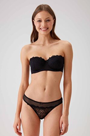 Kadın Siyah 4741 Balenli Soft Push Up Straplez Sütyen Takım