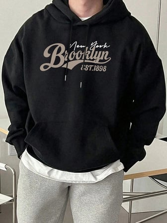 Brooklyn New York Est. 1898 Baskı Erkekler Kapşonlu Sonbahar Cep Sokak Şıklığı Gevşek Polar T