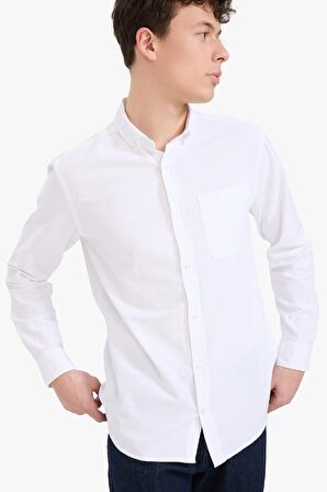 DeFacto %100 Pamuk Regular Fit Polo Yaka Oxford Basic Düz Uzun Kollu Beyaz Gömlek A8028AX25SPWT34